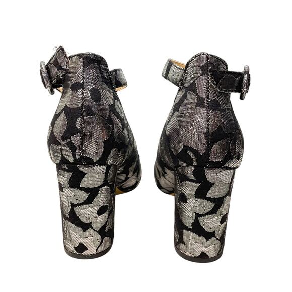 Marc Fisher Black Silver Metallic Block Heels Ankle Strap Flowers Brocade 6 - Picture 6 of 10